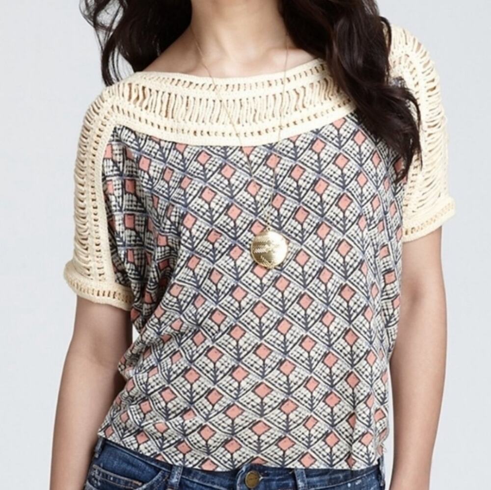 Free People Woven Knit Shoulder Diamond Patterned Slub Dolman Sleeve Top Sm